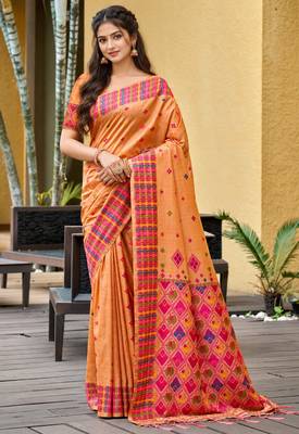 sangam prints peach orange assam silk blend woven work traditional saree 1