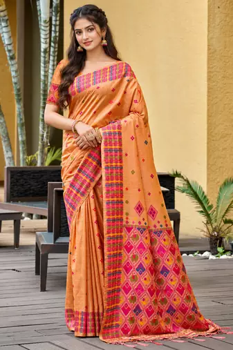 sangam prints peach orange assam silk blend woven work traditional saree