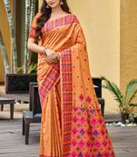 sangam prints peach orange assam silk blend woven work traditional saree
