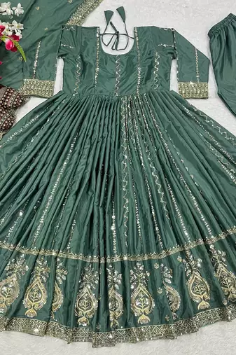Bottle green embroidered anarkali suit with dupatta