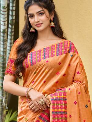 sangam prints peach orange assam silk blend woven work traditional saree 2