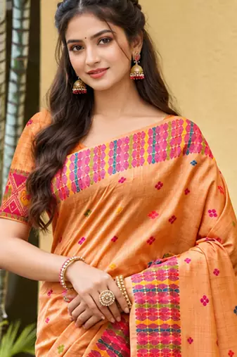 sangam prints peach orange assam silk blend woven work traditional saree
