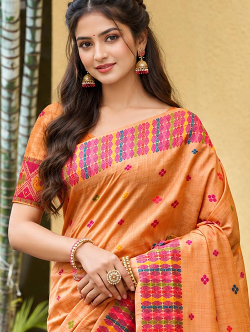 sangam prints peach orange assam silk blend woven work traditional saree