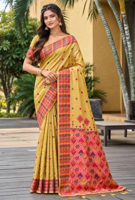 sangam prints mustard yellow assam silk blend woven work traditional saree 1