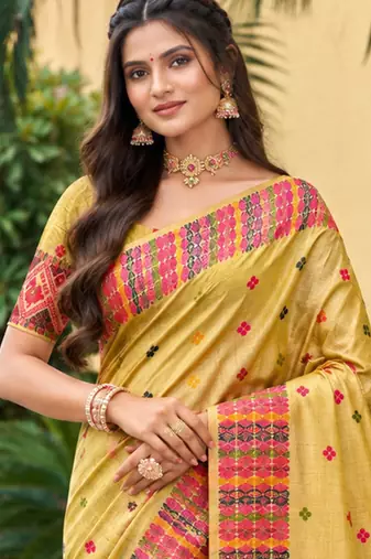 sangam prints mustard yellow assam silk blend woven work traditional saree