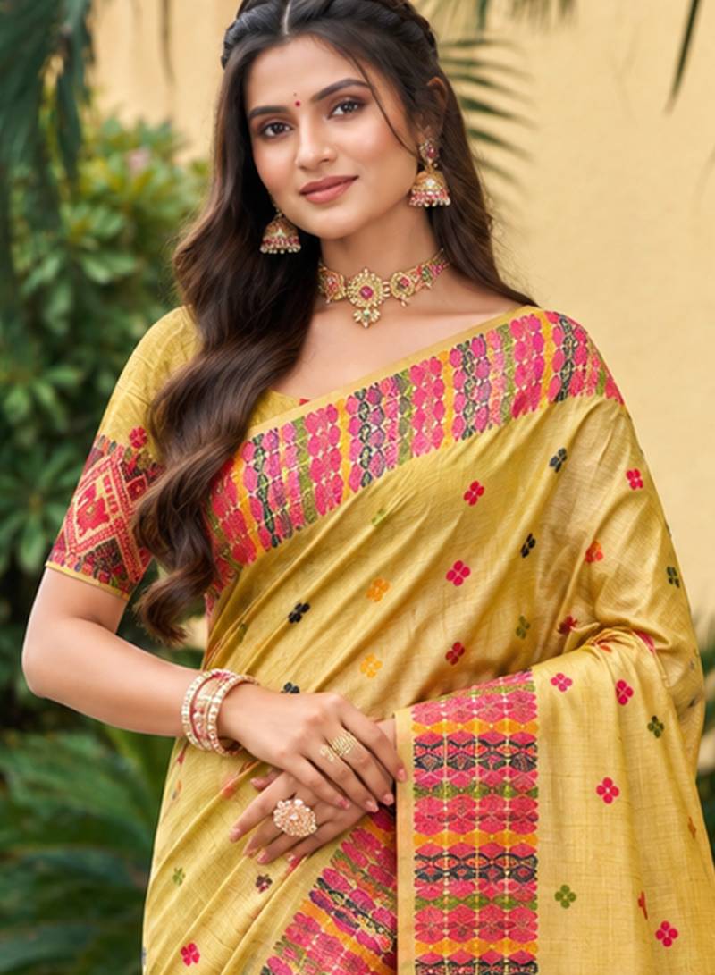 sangam prints mustard yellow assam silk blend woven work traditional saree