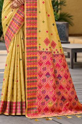 sangam prints mustard yellow assam silk blend woven work traditional saree 3