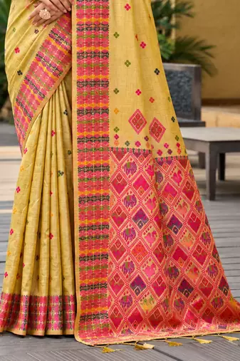 sangam prints mustard yellow assam silk blend woven work traditional saree