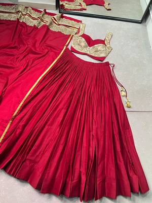 Women Maroon Solid Pleated Mal Cotton Lehenga Choli with Embroidered Dupatta - Free Size 5