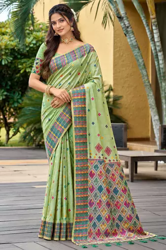 sangam prints light mint green assam silk blend woven work traditional saree