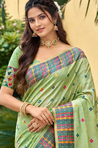 sangam prints light mint green assam silk blend woven work traditional saree