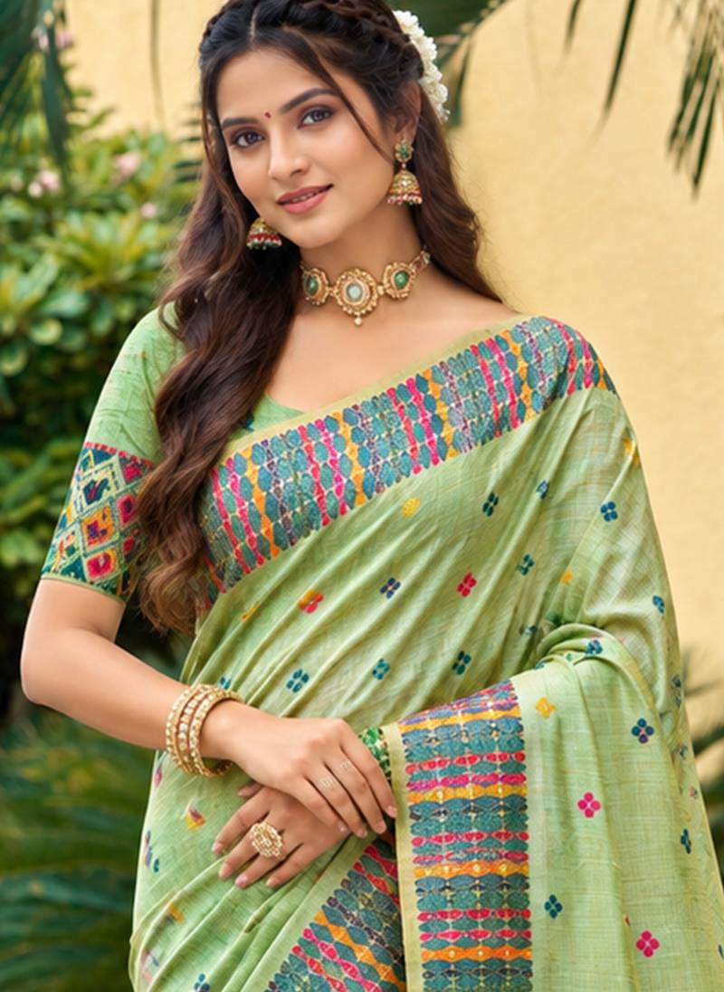 sangam prints light mint green assam silk blend woven work traditional saree