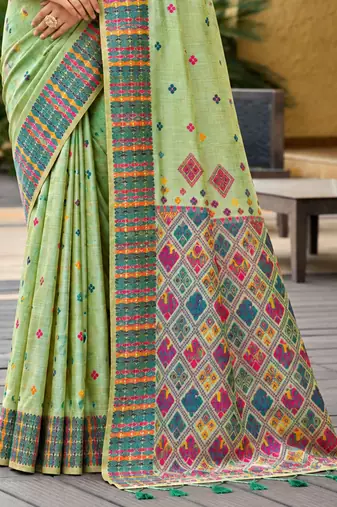 sangam prints light mint green assam silk blend woven work traditional saree