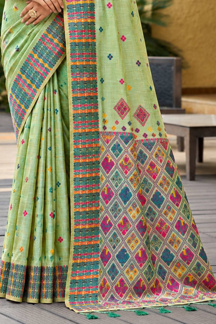 sangam prints light mint green assam silk blend woven work traditional saree