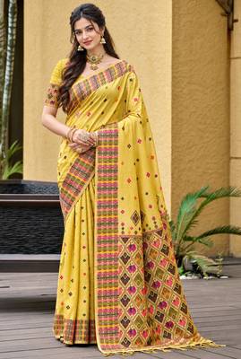 sangam prints lemon yellow assam silk blend woven work traditional saree 1