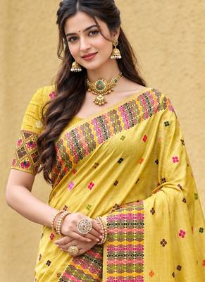 sangam prints lemon yellow assam silk blend woven work traditional saree 2