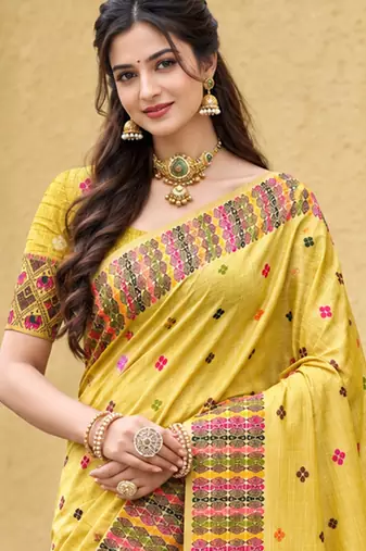 sangam prints lemon yellow assam silk blend woven work traditional saree
