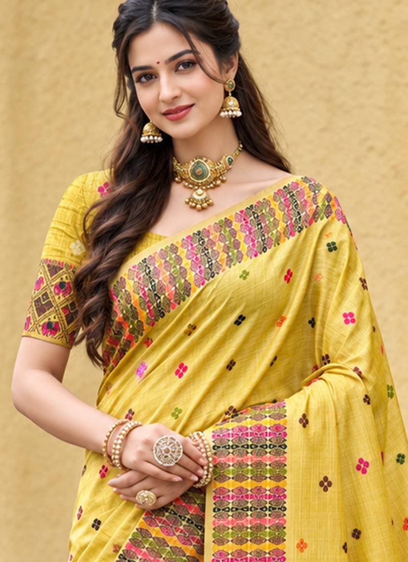 sangam prints lemon yellow assam silk blend woven work traditional saree