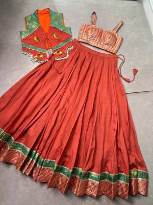 Women Rust Orange Chanderi Pleated Lehenga Choli with Gamthi Work Koti Jacket -  Free Size 5