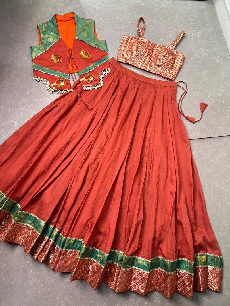 Women Rust Orange Chanderi Pleated Lehenga Choli with Gamthi Work Koti Jacket -  Free Size