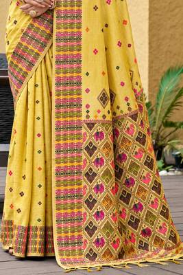 sangam prints lemon yellow assam silk blend woven work traditional saree 3