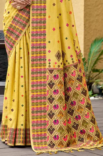 sangam prints lemon yellow assam silk blend woven work traditional saree