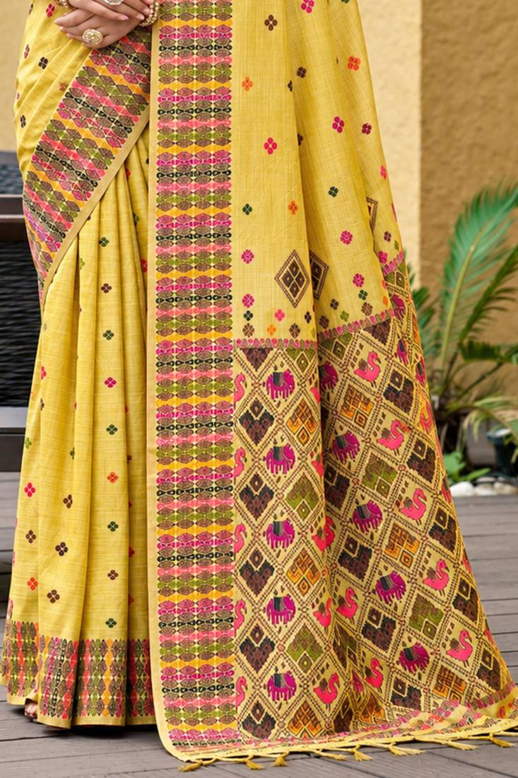 sangam prints lemon yellow assam silk blend woven work traditional saree