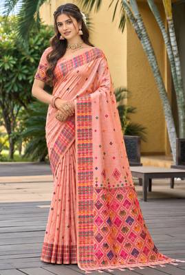 sangam prints blush peach assam silk blend woven work traditional saree 1