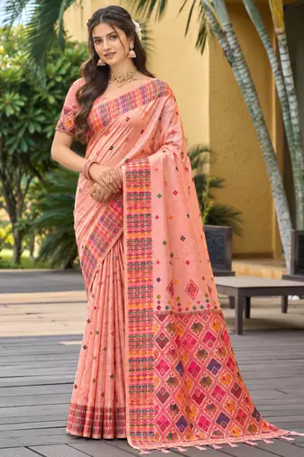 sangam prints blush peach assam silk blend woven work traditional saree