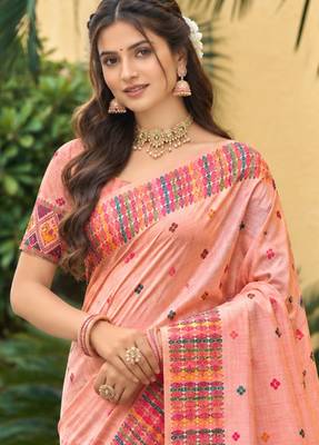 sangam prints blush peach assam silk blend woven work traditional saree 2