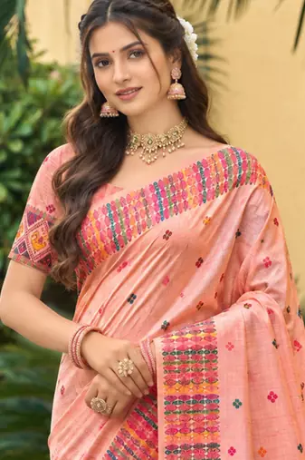 sangam prints blush peach assam silk blend woven work traditional saree