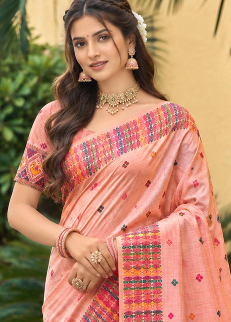 sangam prints blush peach assam silk blend woven work traditional saree