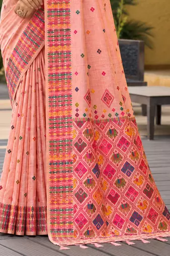 sangam prints blush peach assam silk blend woven work traditional saree