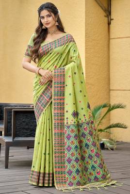 sangam prints pista green assam silk blend woven work traditional saree 1