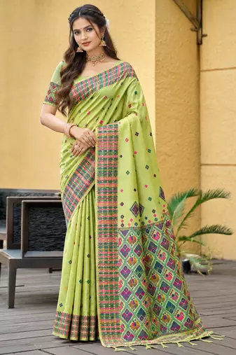 sangam prints pista green assam silk blend woven work traditional saree