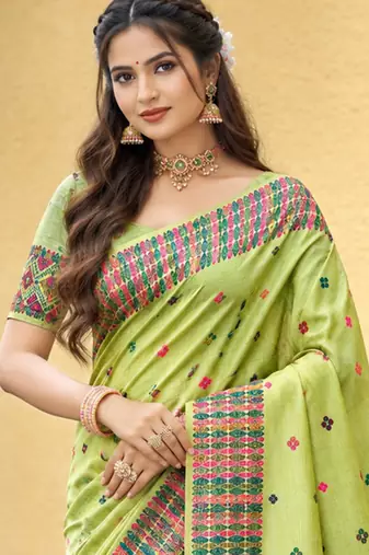 sangam prints pista green assam silk blend woven work traditional saree