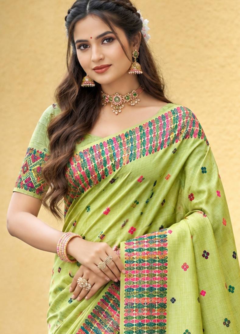 sangam prints pista green assam silk blend woven work traditional saree