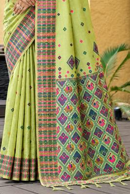 sangam prints pista green assam silk blend woven work traditional saree 3