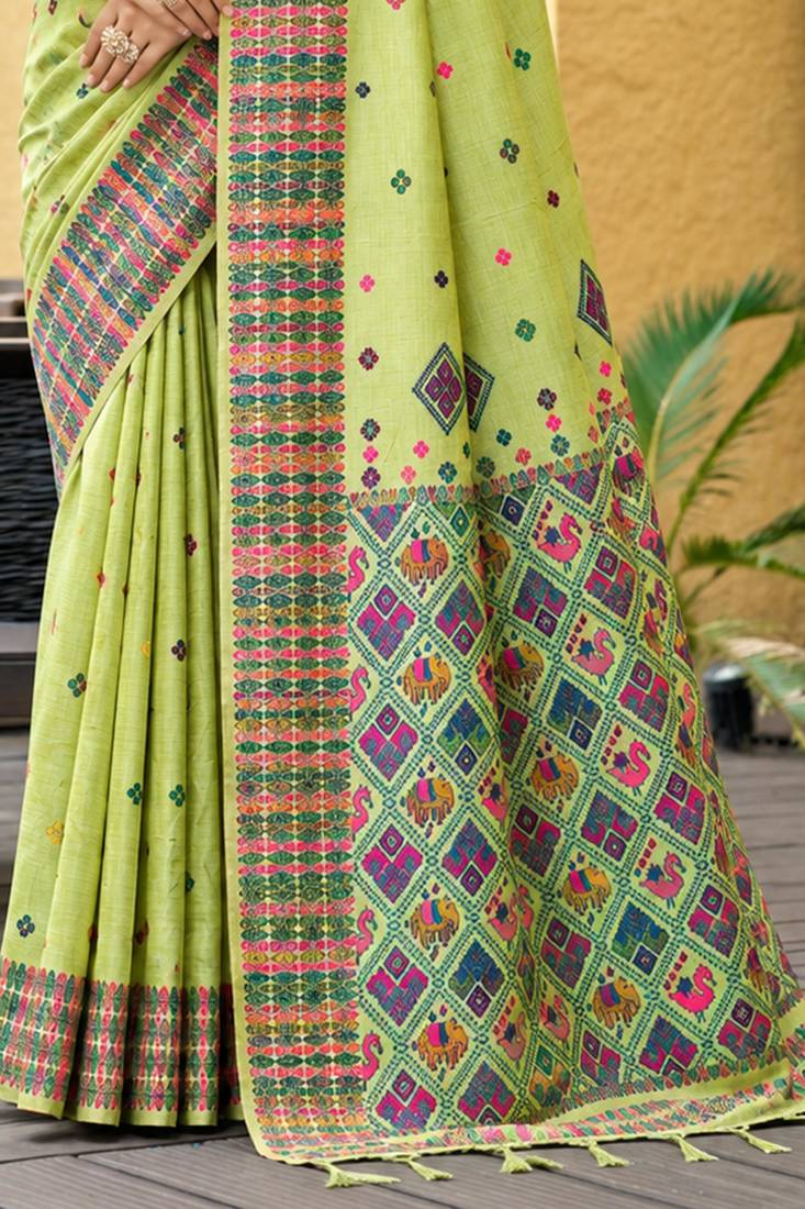 sangam prints pista green assam silk blend woven work traditional saree