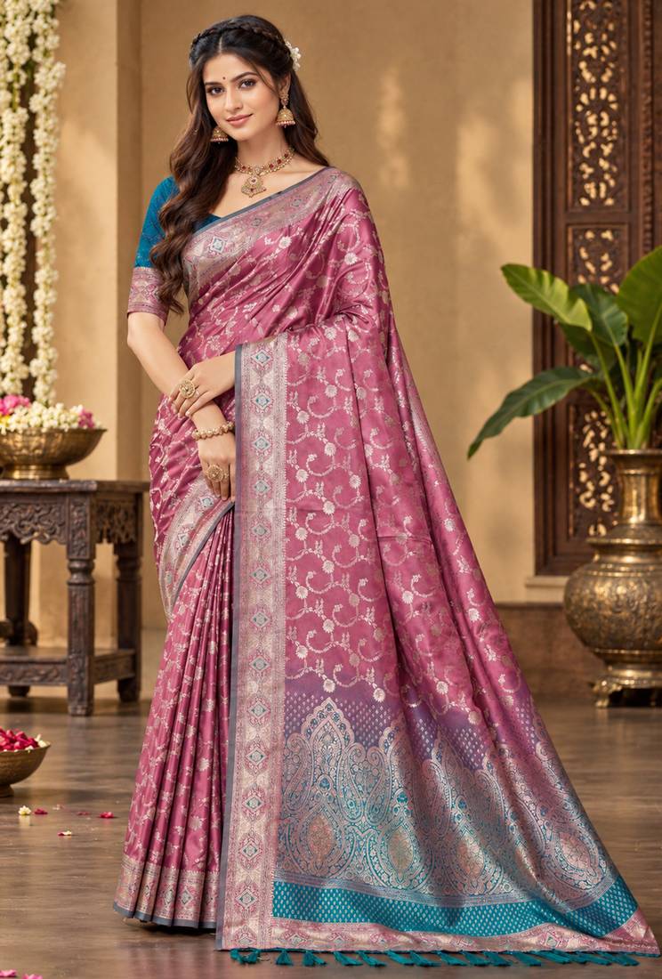sangam prints mauve pink silk blend woven work traditional saree