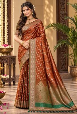 sangam prints burnt copper silk blend woven work traditional saree 1