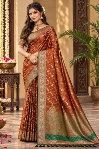 sangam prints burnt copper silk blend woven work traditional saree