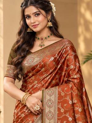 sangam prints burnt copper silk blend woven work traditional saree 2
