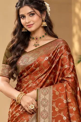sangam prints burnt copper silk blend woven work traditional saree