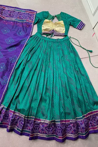 Women Bandhej Print Tasar Silk Lehenga Choli Set with Gamthi Embroidery Blouse -  Free Size