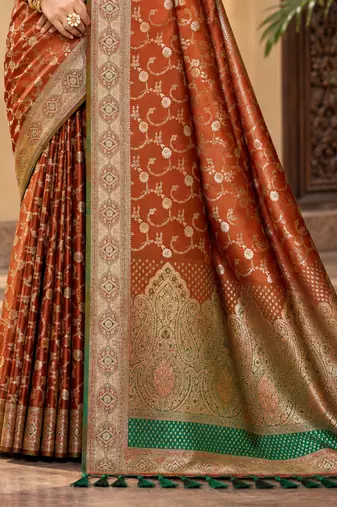 sangam prints burnt copper silk blend woven work traditional saree