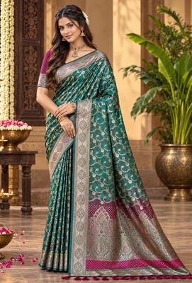 sangam prints peacock green silk blend woven work traditional saree 1