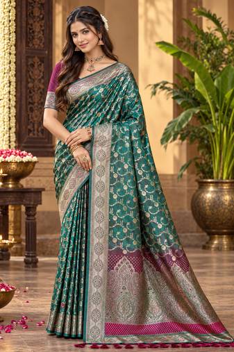 sangam prints peacock green silk blend woven work traditional saree