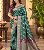 sangam prints peacock green silk blend woven work traditional saree