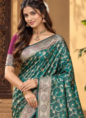 sangam prints peacock green silk blend woven work traditional saree 2